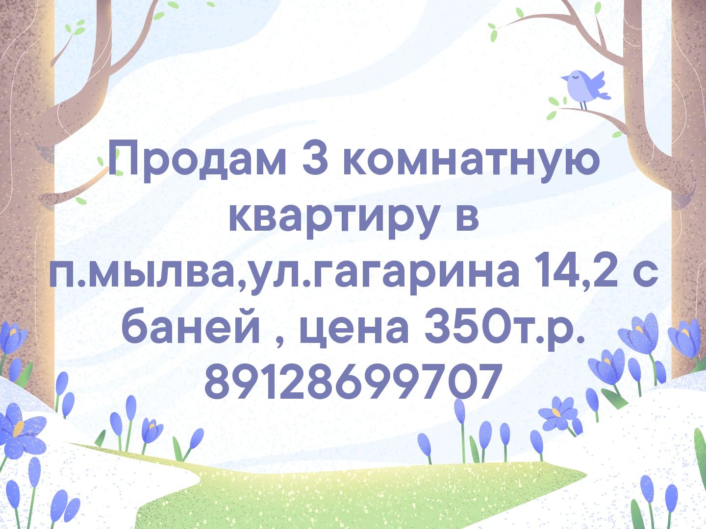 Продам 3 комнатную квартиру в п.мылва,ул.гагарина 14,2 с баней , цена 350т.р.
89128699707